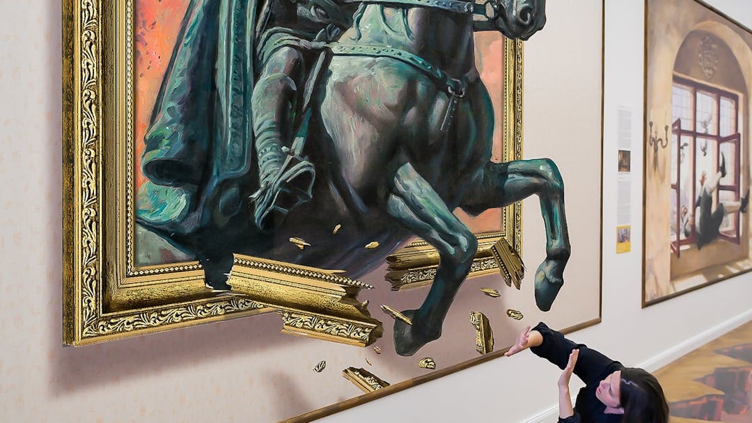 Horse sculpture illusion at Illusion Art Museum Prague with visitor interacting.