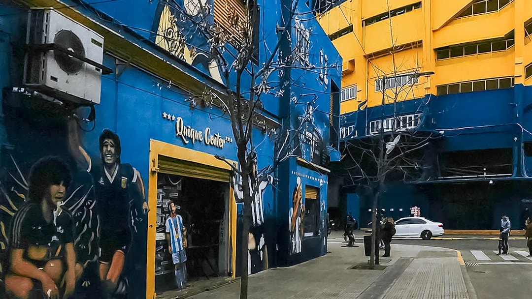 Street art and murals outside La Bombonera stadium in Buenos Aires.