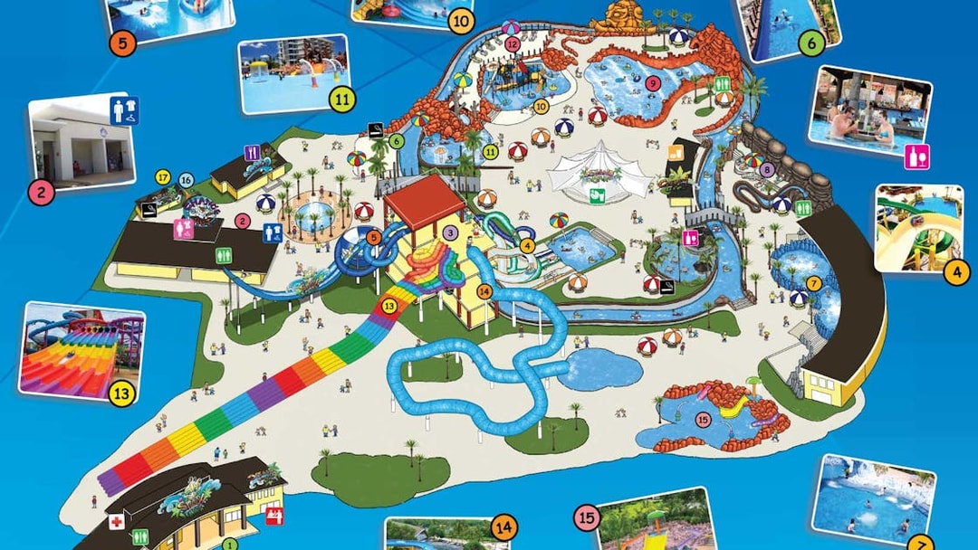 Map of Splash Jungle Waterpark with slides, pools, and attractions.