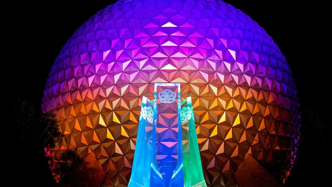 EPCOT Spaceship Earth Sphere illuminated at night, Walt Disney Resort Orlando.