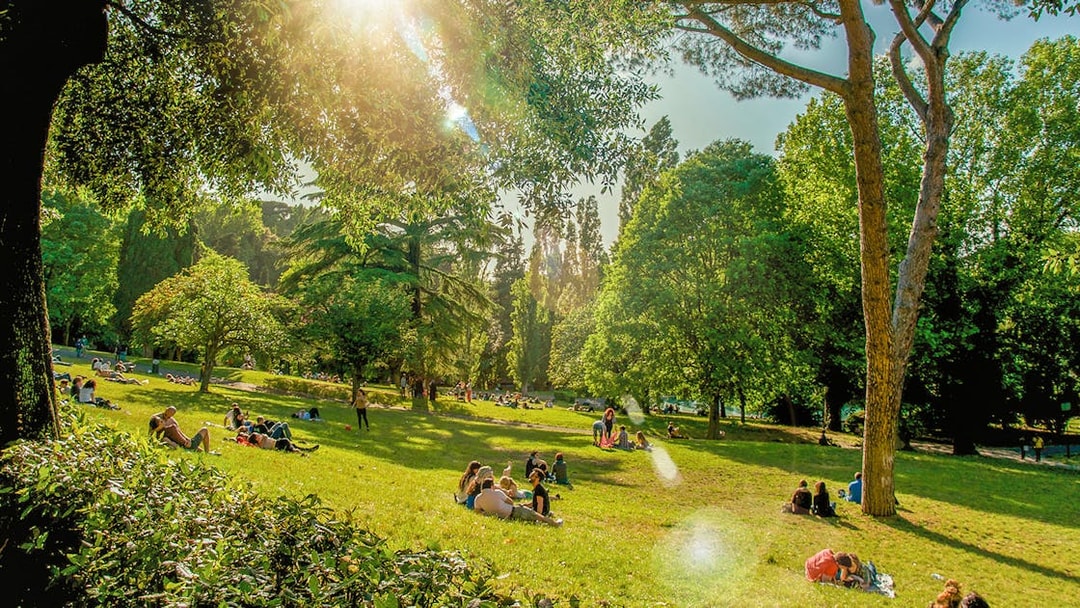 People enjoying a picnic on a sunny day at Villa Borghese, Rome.