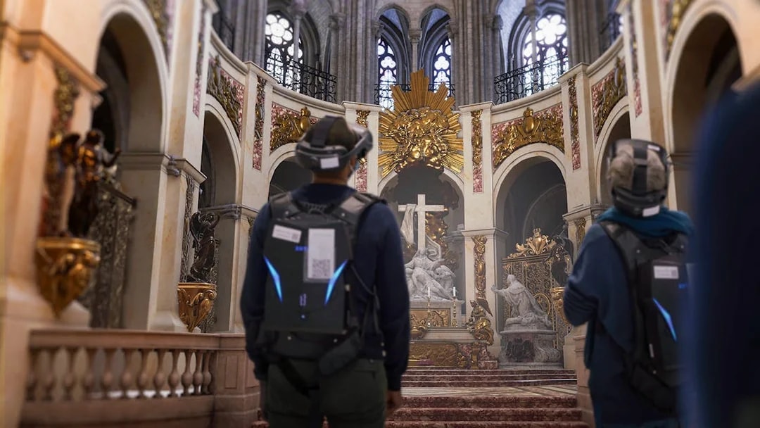 Visitors experiencing Notre-Dame Cathedral in virtual reality, Paris, highlighting historical architecture.