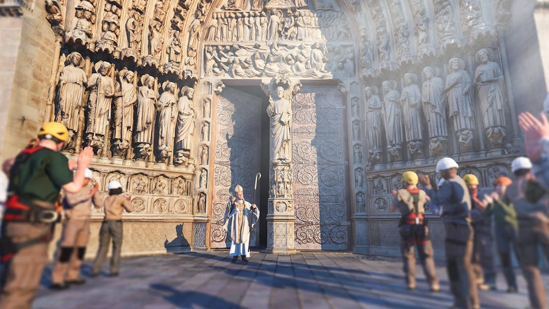 Notre-Dame facade with VR tour group experiencing historical figures.