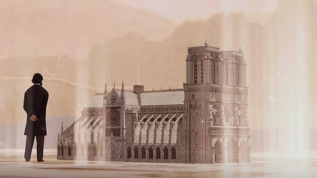 Notre-Dame Cathedral VR model with a person observing in a virtual experience.