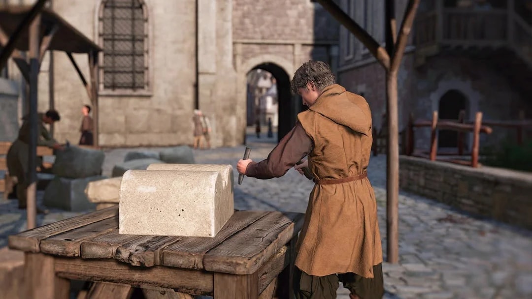Stone mason carving block in medieval Paris street, part of Eternal Notre-Dame VR Experience.