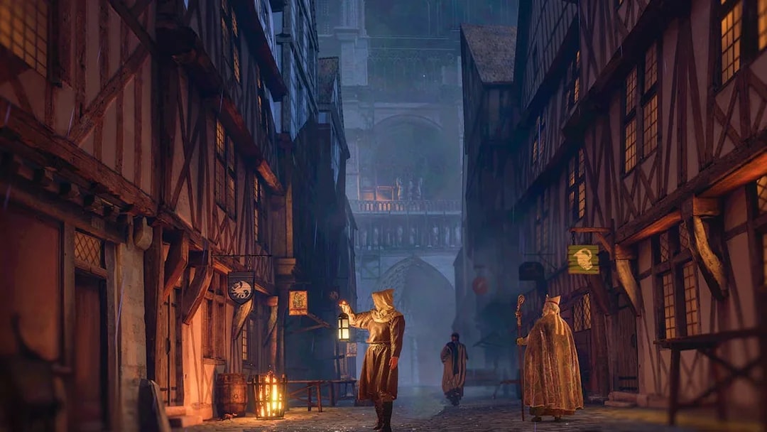 Medieval street scene with figures holding lanterns, Notre-Dame Cathedral visible in the background.