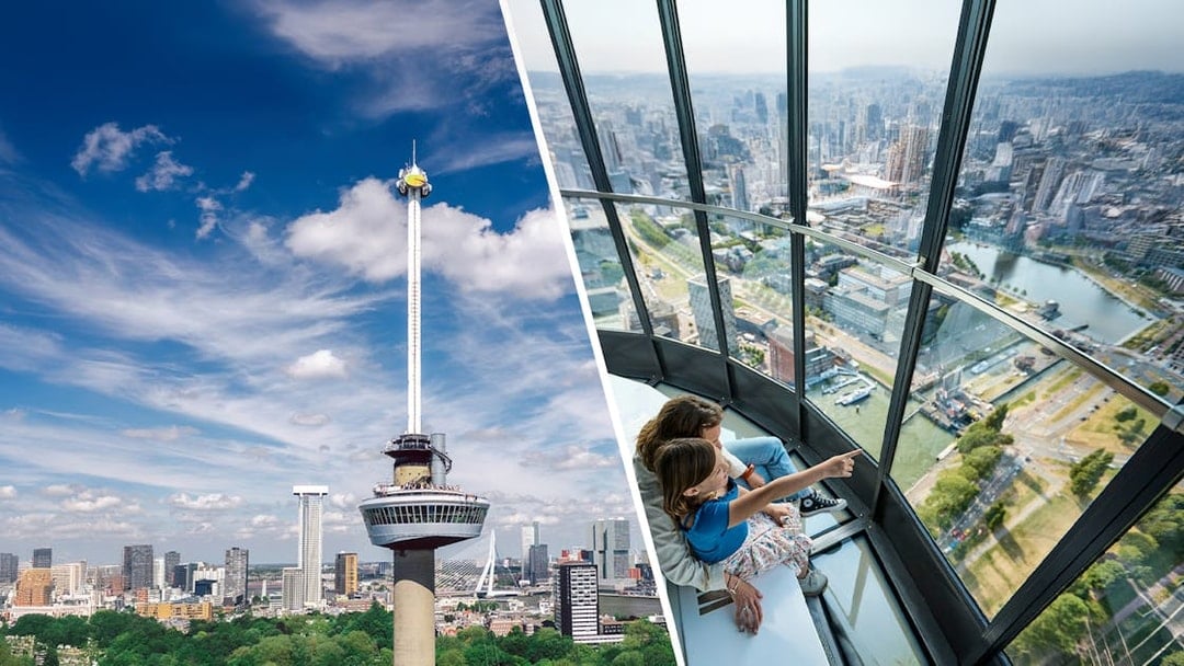 Euromast tower with Rotterdam skyline and visitors enjoying the view, Netherlands.