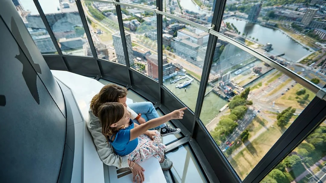 Guests enjoying panoramic views from the Euroscoop in Rotterdam.