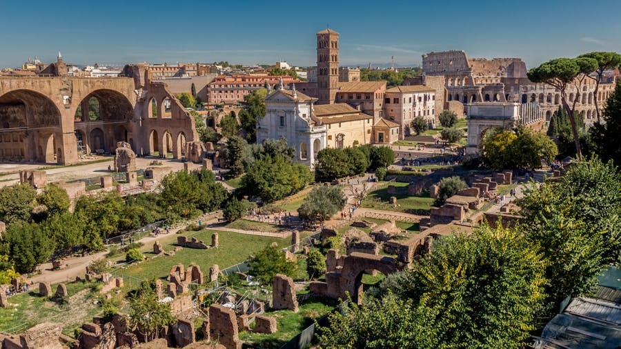 Roman Forum with Colosseum and Basilica of Maxentius in Rome, Italy.
