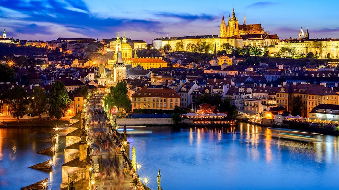 Evening view of Charles Bridge and Prague Castle, Prague, Czech Republic.