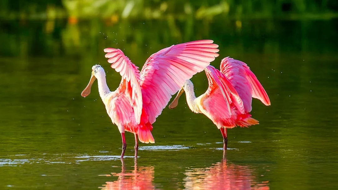 Roseate spoonbills wading in Everglades National Park during airboat tour.