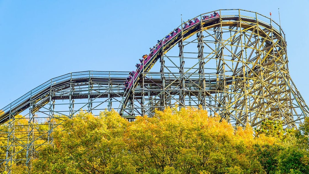 Roller coaster at Everland theme park with vibrant autumn trees.