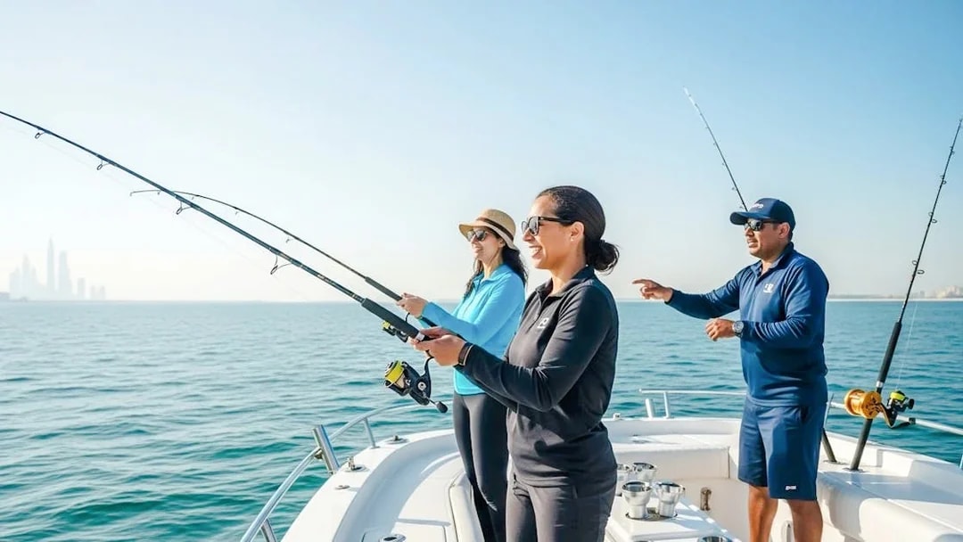 Women fishing with guide on boat, Dubai skyline in background.