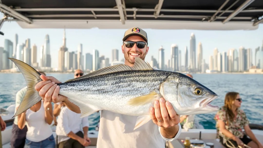 Man holding a large fish on a sports fishing cruise with Dubai skyline in the background.