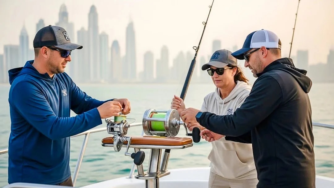 People preparing fishing lines on a sports fishing cruise in Dubai.