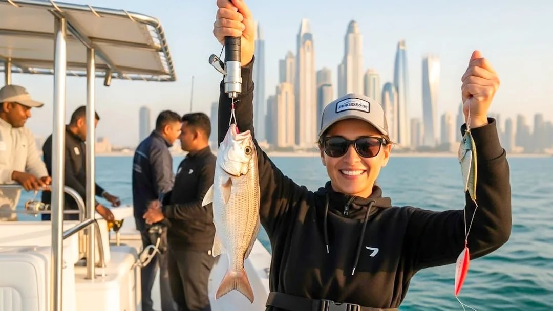 Woman holding fish on a Dubai fishing cruise with city skyline in background.
