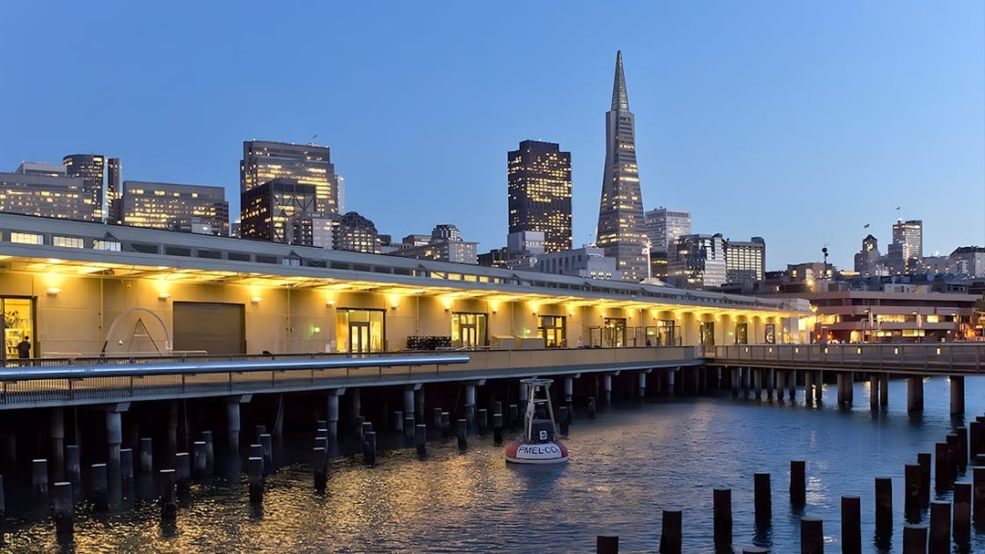 San Francisco waterfront with city skyline near the Exploratorium.