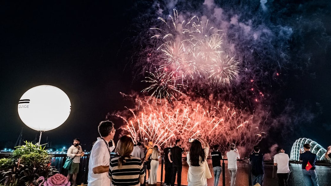 Fireworks display over Marina Bay during Formula 1 Singapore Grand Prix 2025 hospitality event.