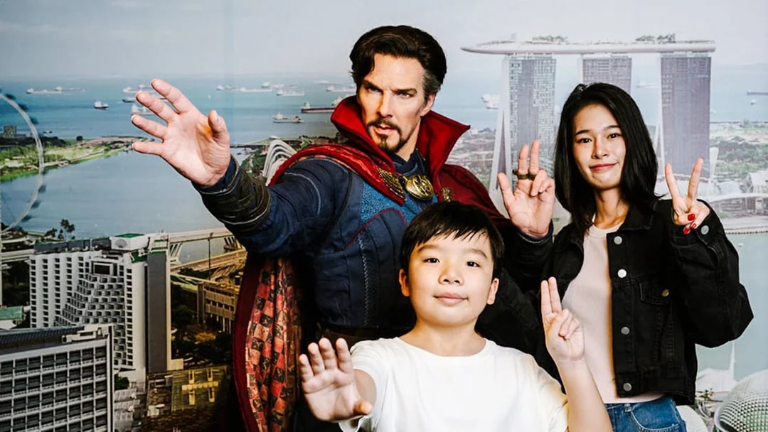 Doctor Strange wax figure with visitors at Madame Tussauds Singapore.