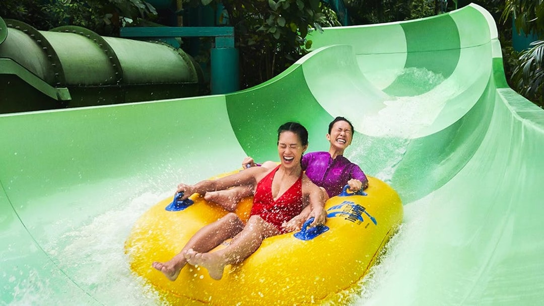 Couple enjoying a waterslide ride at Adventure Cove Waterpark.