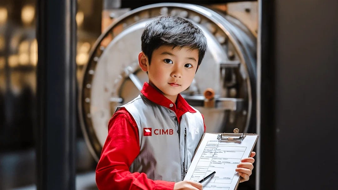Child role-playing as a banker at KidZania Singapore with a clipboard in front of a vault.