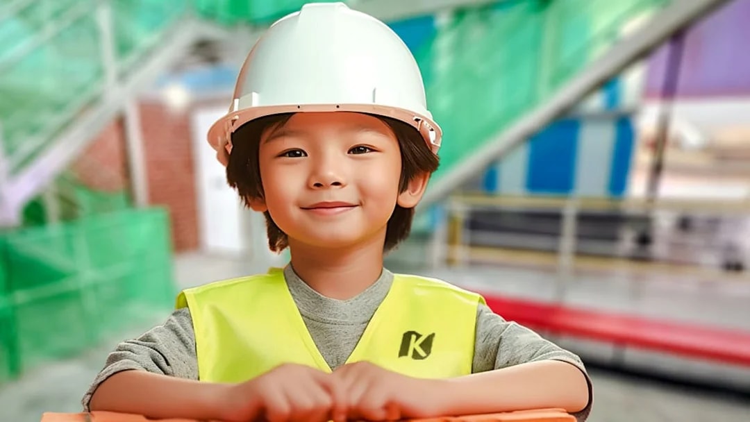 Child in construction gear at KidZania Singapore.