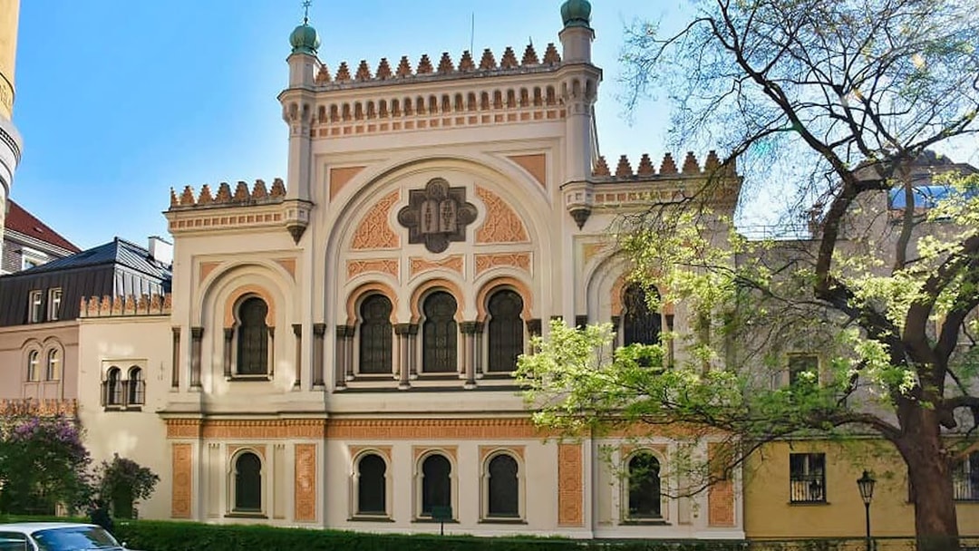 Prague Jewish Town synagogue exterior with ornate architecture.