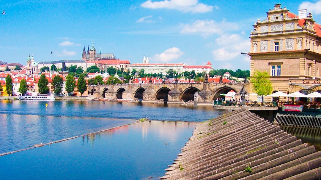Prague Castle and Charles Bridge over Vltava River, view from Jewish Town.