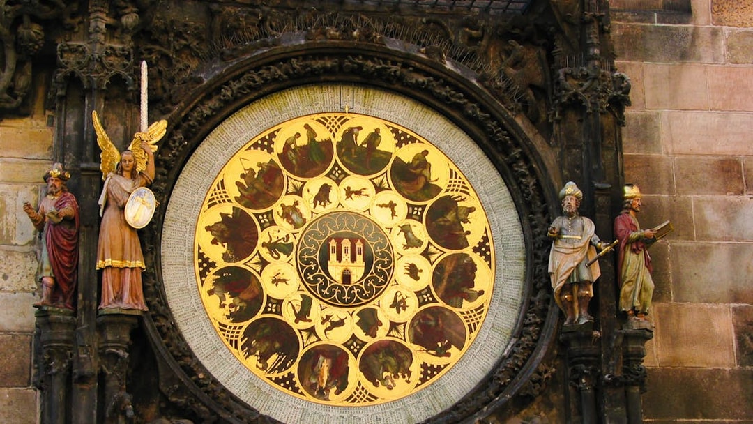 Prague Astronomical Clock detail with zodiac signs and statues.