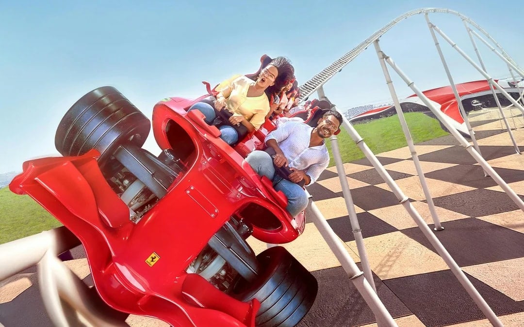 Riders on Formula Rossa roller coaster at Ferrari World, Abu Dhabi.