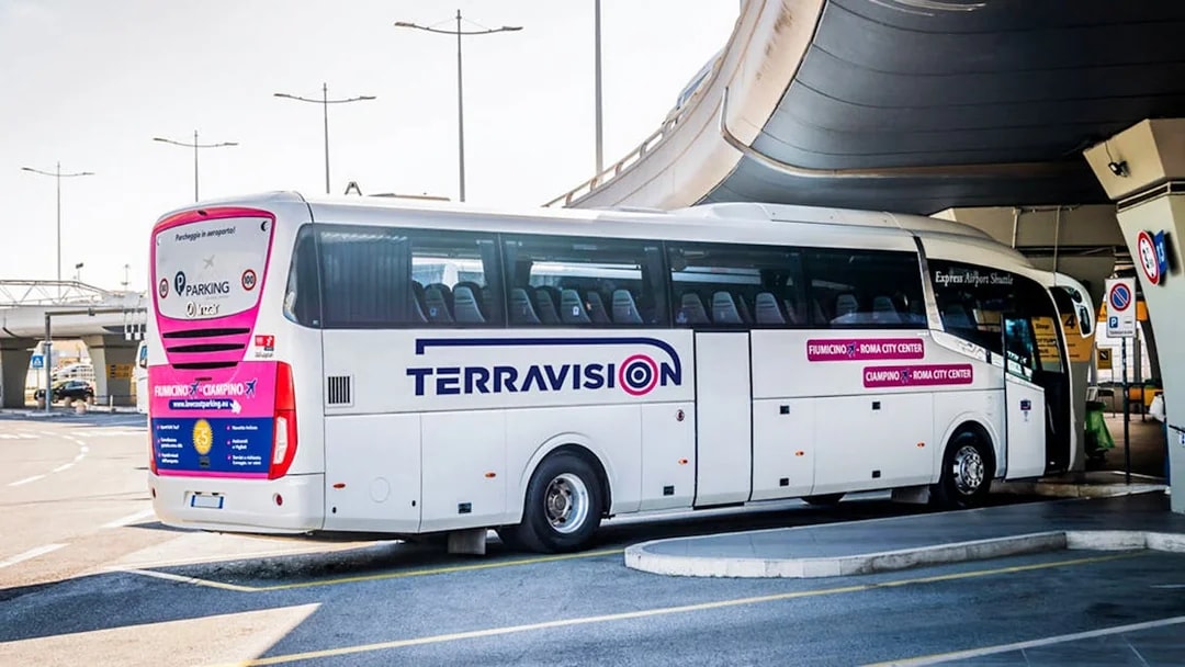 Terravision bus at Fiumicino Airport for transfers to Rome Termini Station.