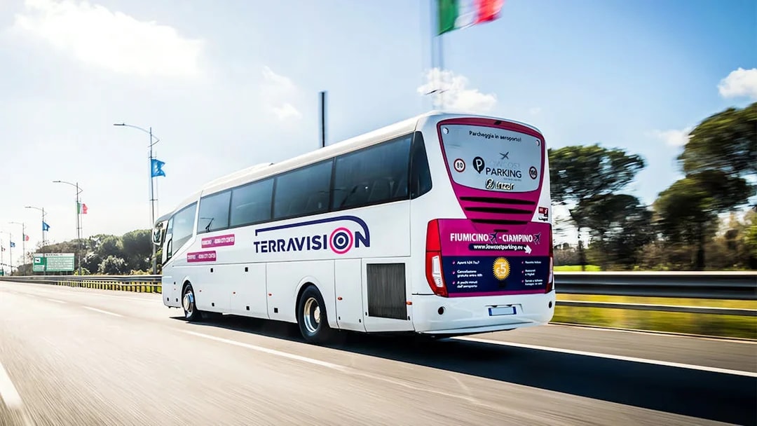 Terravision bus on highway, Fiumicino Airport to Rome Termini transfer.