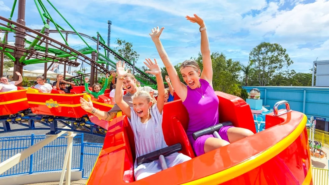 People enjoying a roller coaster ride at Dreamworld, Gold Coast.
