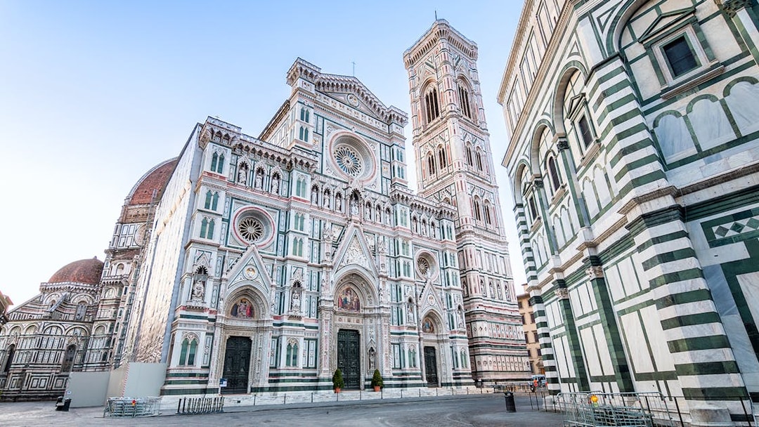 Florence Duomo exterior with bell tower and cupola, Italy.