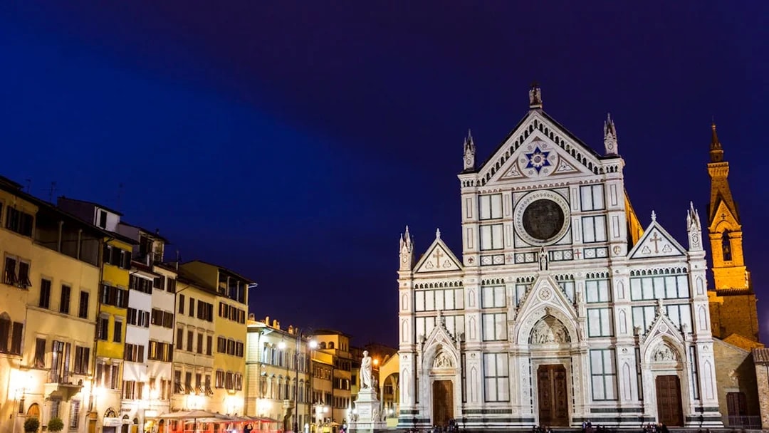 Santa Croce Basilica illuminated at night, Florence, Italy, seen during E-Bike Night Tour.