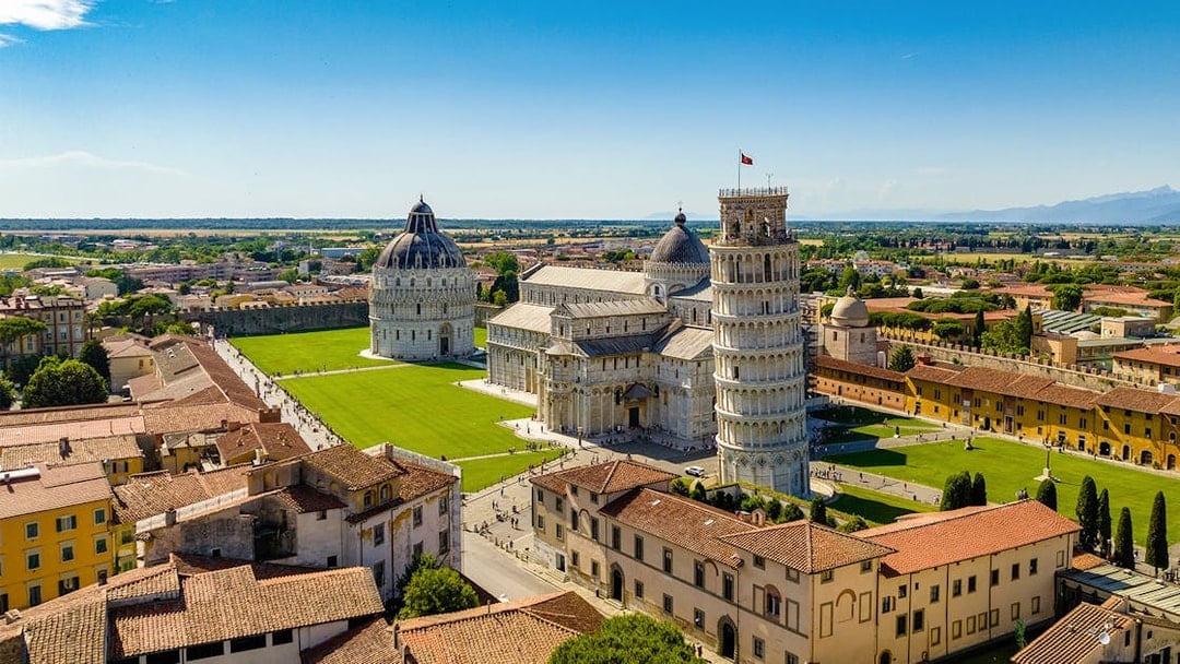 Aerial view of Pisa's Leaning Tower, Cathedral, and Baptistery in Italy.