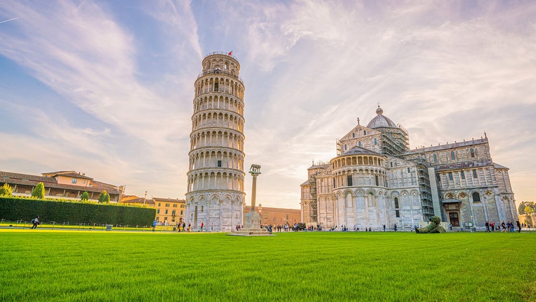 Leaning Tower of Pisa and Cathedral in Pisa, Italy, viewed during a guided tour from Florence.