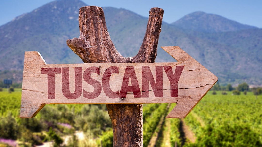 Tuscany sign with vineyard and mountains in the background.