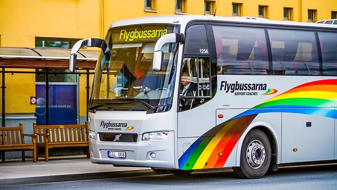 Flygbussarna airport coach at Stockholm bus stop for Arlanda Airport route.