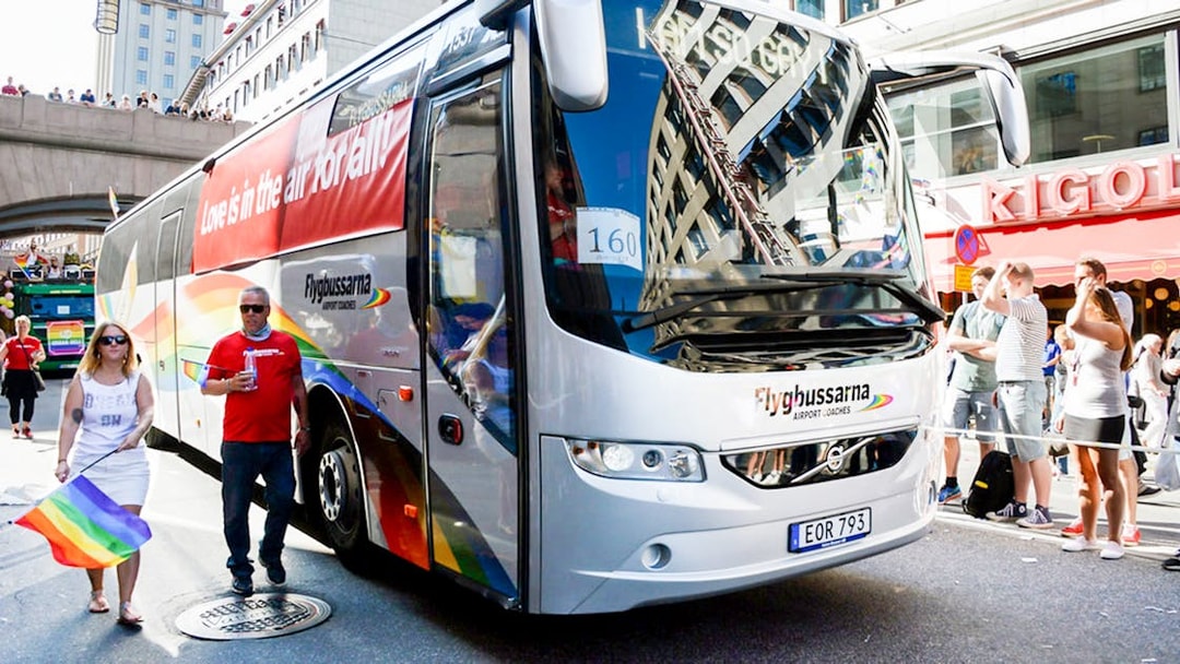 Flygbussarna airport coach in Stockholm city street.