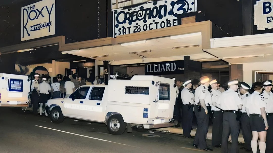 Police presence outside The Roxy nightclub during Fortitude Valley's true crime tour.