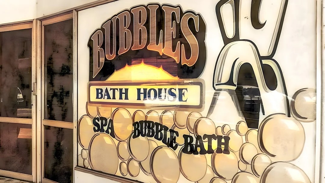 Sign for Bubbles Bath House in Fortitude Valley, featured on the True Crime Guided Tour.