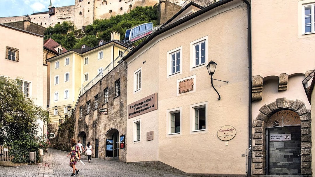Fortress Hohensalzburg entrance with funicular railway in Salzburg, Austria.