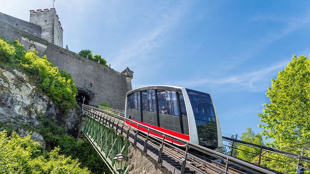 Funicular ascending to Fortress Hohensalzburg, Salzburg, Austria.