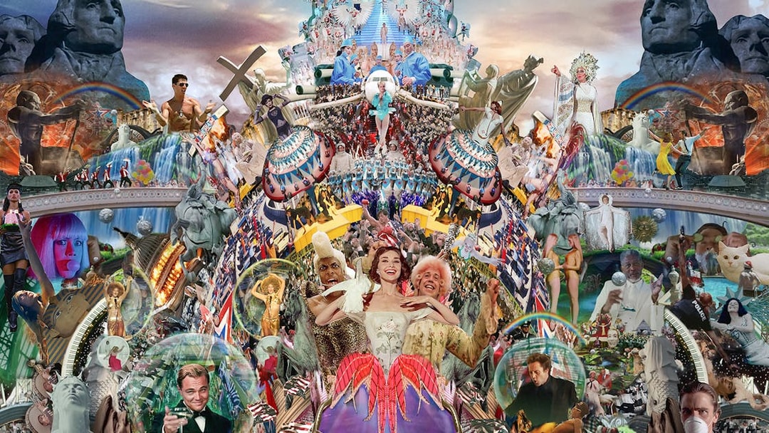 Collage of pop culture and historical figures in "Heavens Gate, 2022" by Marco Brambilla at Fotografiska Berlin.