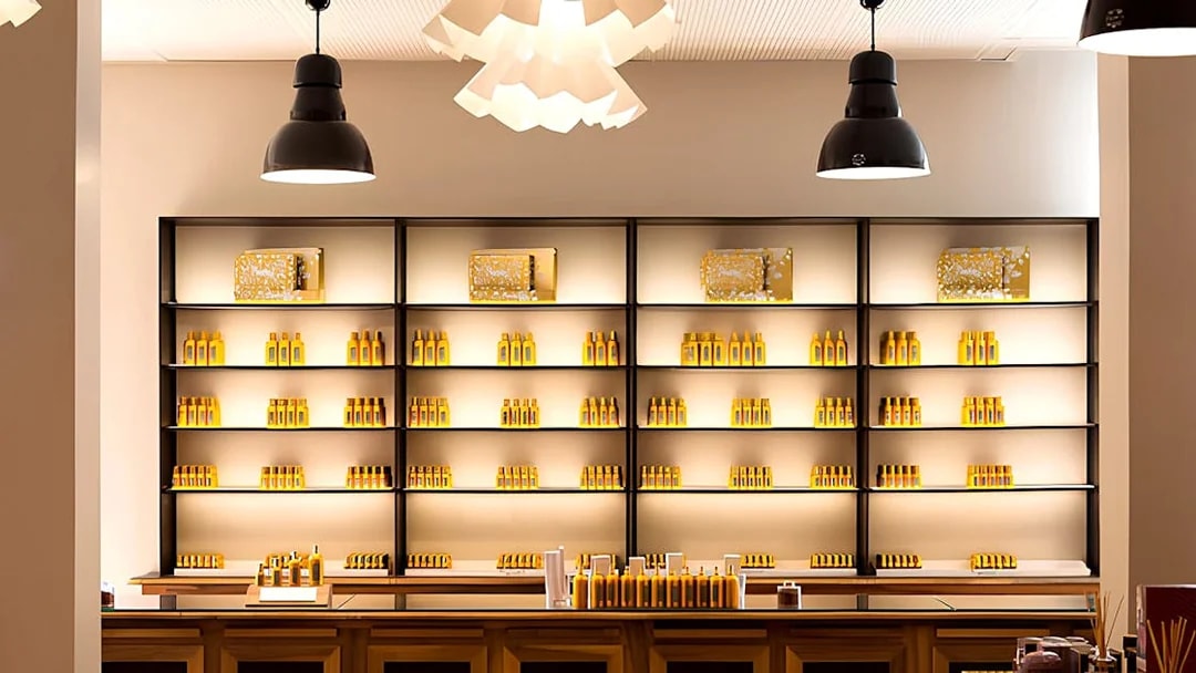 Fragonard Perfume Museum display shelves with various perfume bottles in Paris.
