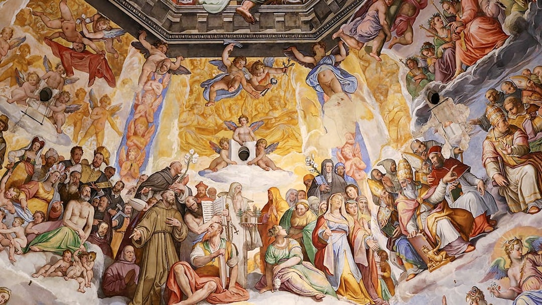 Close-up of frescoes inside Florence Cathedral depicting religious figures and angels.