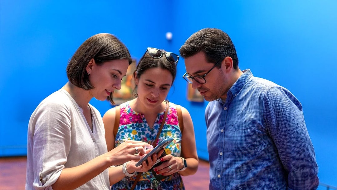 Visitors using audio guide inside Frida Kahlo Museum, Mexico City.