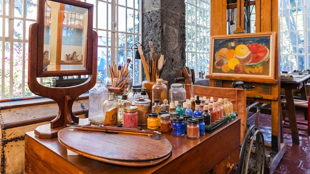 Art supplies and easel inside Frida Kahlo Museum, Mexico City.