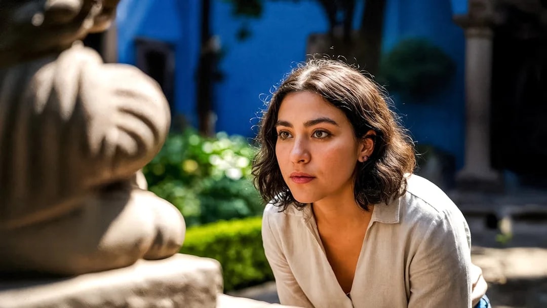 Tourist observing sculpture in Frida Kahlo Museum courtyard, Mexico City.